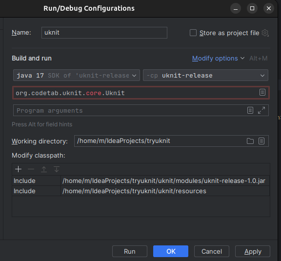 uKnit IntelliJ run configuation