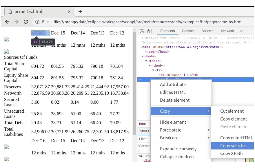 Scoopi web scraper get JSoup selector from Chrome